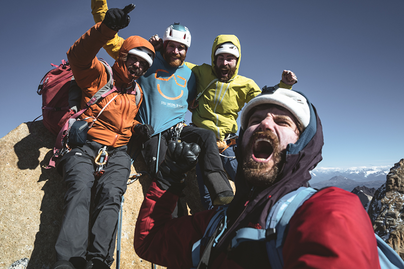 Riders on the Storm, Torres del Paine, Patagonia, Nico Favresse, Siebe Vanhee, Sean Villanueva O'Driscoll, Drew Smith - Nico Favresse, Siebe Vanhee, Sean Villanueva O'Driscoll and Drew Smith on the summit of the Central Tower, Torres del Paine, Patagonia, on 7 February 2024 after the first free ascent of 'Riders on the Tempête'