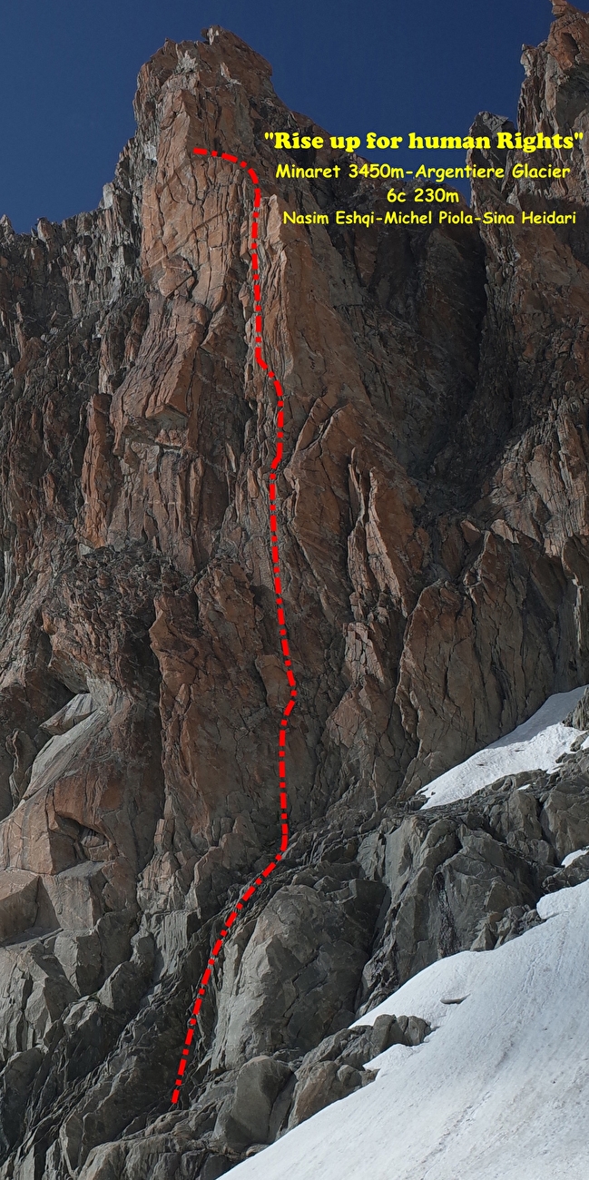 Nasim Eshqi, Sina Heidari - La première ascension de 'Rise up for human rights' sur Le Minaret dans le massif du Mont Blanc (Nasim Eshqi, Sina Heidari, Michel Piola 09/2023)