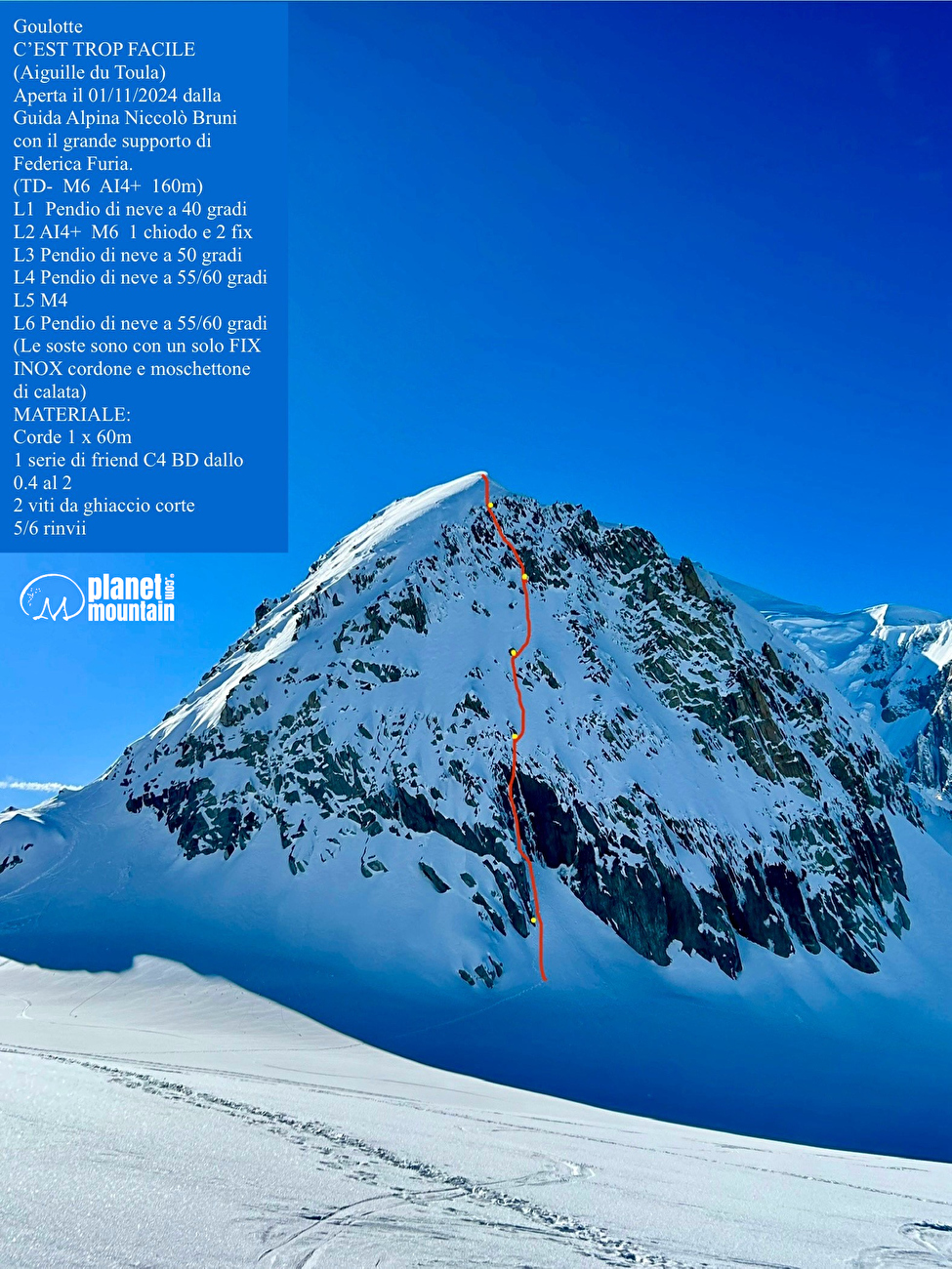 Aiguille du Toula, Mont Blanc, Niccolò Bruni, Federica Furia - Le topo de 'C'est trop facile' sur l'Aiguille du Toula dans le massif du Mont Blanc (Niccolò Bruni, Federica Furia 01/11/2024)