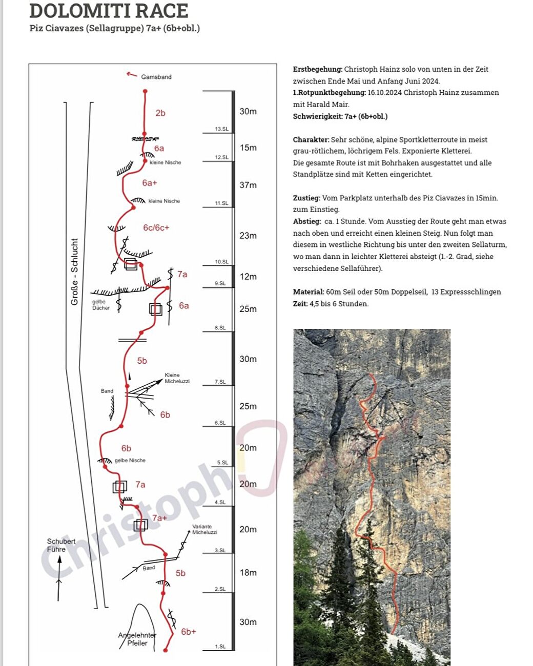 Dolomiti Race, Piz Ciavazes, Sella, Christoph Hainz - Le topo de 'Dolomiti Race', Piz Ciavazes, Sella, Dolomites, première ascension en solo sur corde par Christoph Hainz