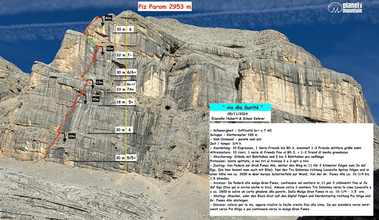 Piz Parom, Dolomites, Simon Kehrer, Hubert Eisendle - Le topo de 'Via dla Surité' au Piz Parom (Simon Kehrer, Hubert Eisendle 05/11/2024)