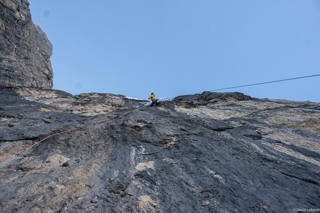 Mur de Pisciadù, Sella, Dolomites, Daniel Ladurner, Alex Piazzalunga - La première reprise de 'Hybrid' sur Mur de Pisciadù dans le groupe Sella des Dolomites (Daniel Ladurner, Alex Piazzalunga 17/12/2024)