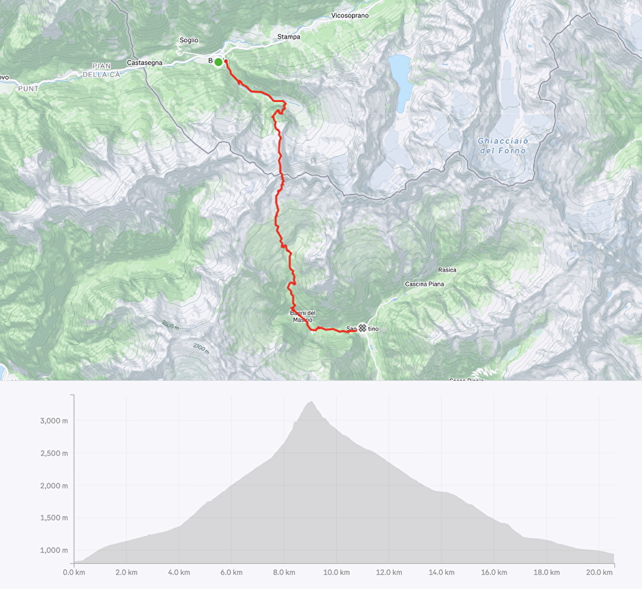 Saro Costa Pizzo Badile Skyclimb - La carte du Skyclimb Pizzo Badile de Saro Costa, terminée le 13 août 2025: Val Bregaglia Start, Val Masino Finish, via la crête de pizzo nord en seulement 4 heures et 28 minutes.