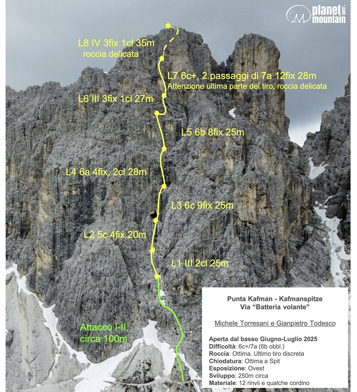 Punta Kafmann, Rosengarten, Dolomites, Gianpietro Todesco, Michele Torresani - Le topo de 'Flying Battery' sur Kafmannspitze / Punta Kafmann, Rosengarten / Catinaccio, Dolomiti (Gianpietro Todesco, Michele Torreani 06-07 / 2025)
