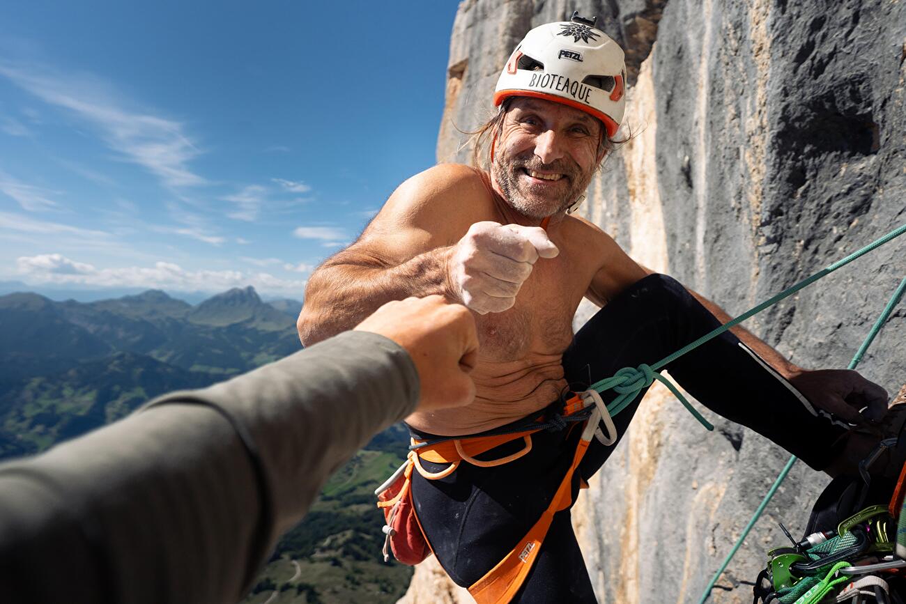Appassionata Heiligkreuzkofel Dolomites, Simon Gietl, Alexander Huber - Alexander Huber faisant la première ascension de 'Appassionata' sur Heiligkreuzkofel / Sass Dla Cruss, Dolomites