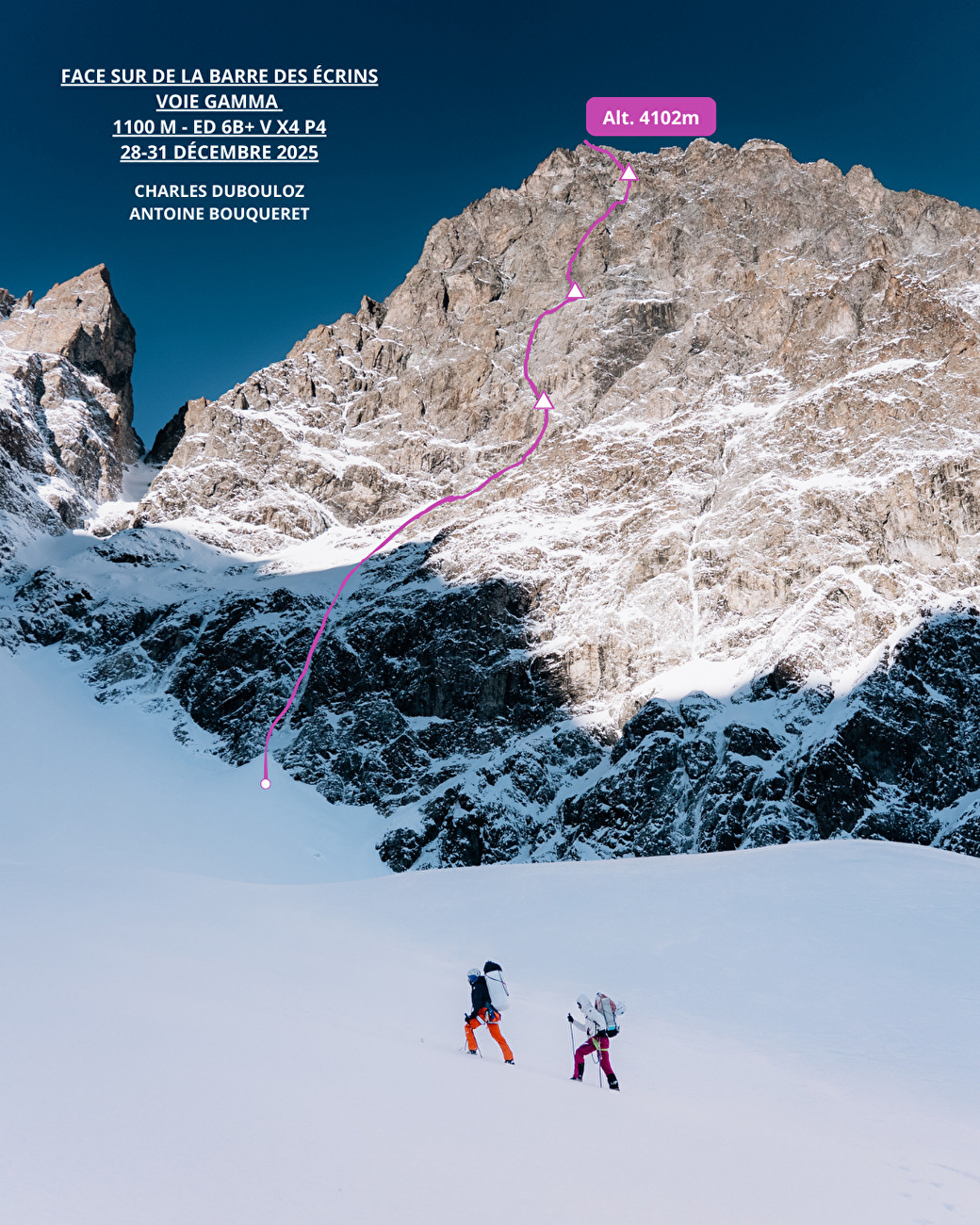 Barre des écrins, Antoine Bouquereret, Charles Dubouloz - Antoine Bouquereret et Charles Dubouloz dépecent Avant Avant leur ascension hivernale de 'Directe Gamma' sur la face se de la Barre Des écrins (28-31/12/2025). La voie a été gravie pour la première fois en 1992 par les Italiens Michele Frigerio, Eugenio Mana, Riccardo Miliani et Manuele Panzeri. Barre des écrins, Antoine Bouquereret, Charles Dubouloz - Antoine Bouquereret et Charles Dubouloz dépecent Avant Avant leur ascension hivernale de 'Directe Gamma' sur la face se de la Barre Des écrins (28-31/12/2025). La voie a été gravie pour la première fois en 1992 par les Italiens Michele Frigerio, Eugenio Mana, Riccardo Miliani et Manuele Panzeri.