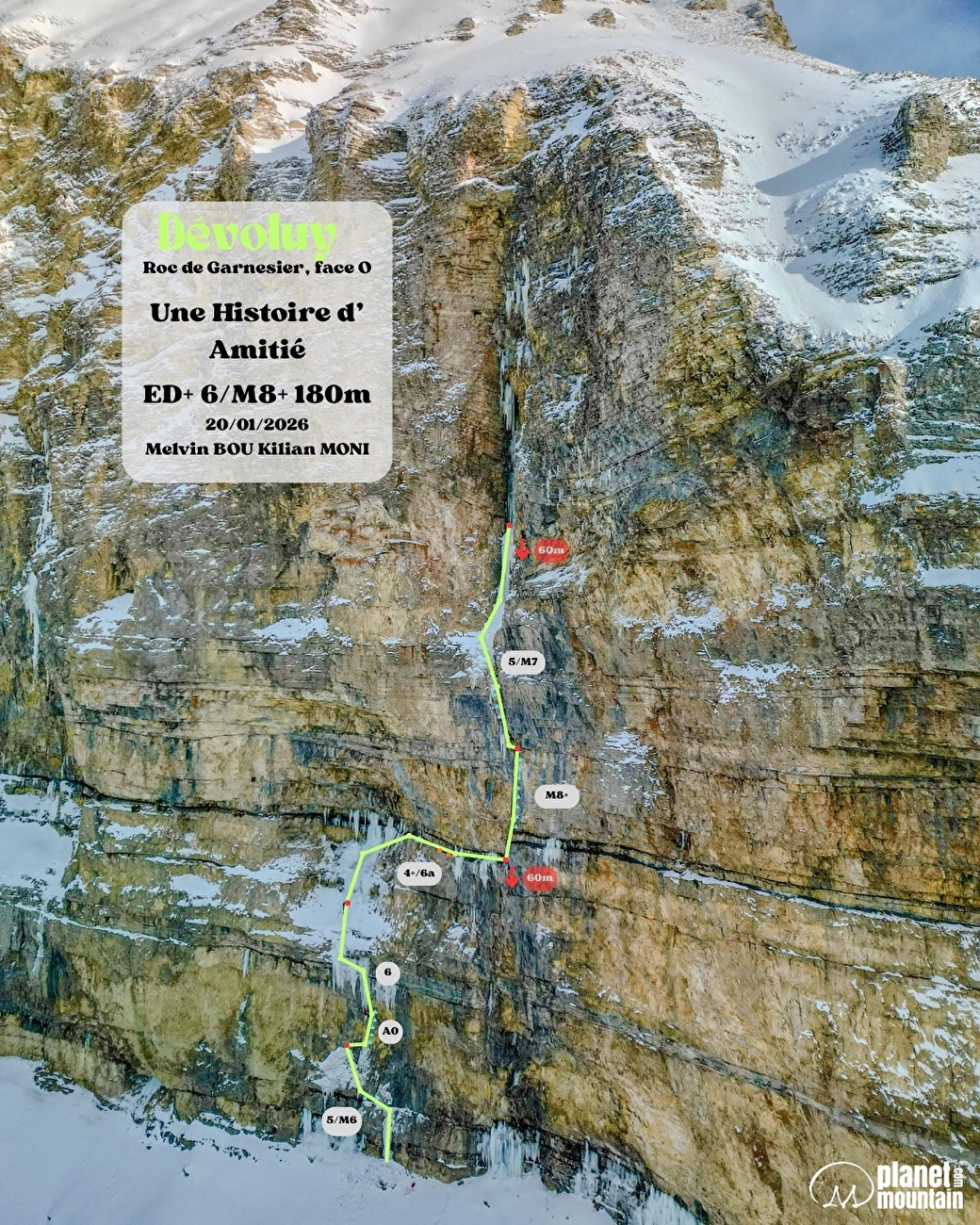 Roc de Garnesier, Dévoluy, France, Melvin Bou, Kilian Moni - The topo of 'Une histoire d'amitié' on the west face of Roc de Garnesier, Dévoluy, France (Melvin Bou, Kilian Moni 20/01/2026) Kilian Moni archive Roc de Garnesier, Dévoluy, France, Melvin Bou, Kilian Moni - The topo of 'Une histoire d'amitié' on the west face of Roc de Garnesier, Dévoluy, France (Melvin Bou, Kilian Moni 20/01/2026) Kilian Moni archive