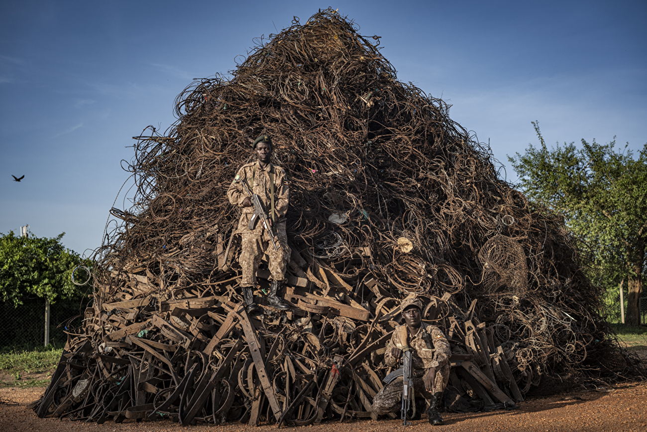 Photographe animalier de l'année Nuveen People's Choice Award 2026 - Portrait of Extinction par Adam Oswell (Australie) : Un tas montagneux de collets confisqués se trouve derrière les rangers de l'Uganda Wildlife Authority. Photographe animalier de l'année Nuveen People's Choice Award 2026 - Portrait of Extinction par Adam Oswell (Australie) : Un tas montagneux de collets confisqués se trouve derrière les rangers de l'Uganda Wildlife Authority.