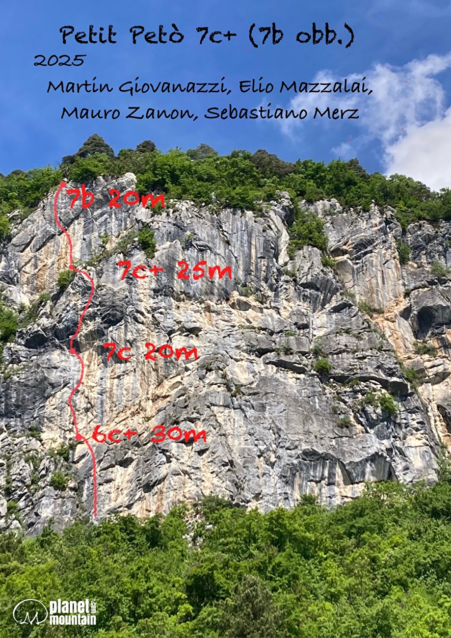 Petit Petò, mur de Covelo, Valle del Sarca - La ligne de route du 'Petit Petò' sur le mur de Covelo dans la Valle del Sarca, Italie (Martin Giovanazzi, Elio Mazzalai, Sebastiano Merz, Mauro Zanon 2025) Petit Petò, mur de Covelo, Valle del Sarca - La ligne de route du 'Petit Petò' sur le mur de Covelo dans la Valle del Sarca, Italie (Martin Giovanazzi, Elio Mazzalai, Sebastiano Merz, Mauro Zanon 2025)