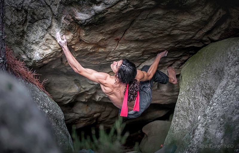 Charles Albert, bouldering, Fontainebleau, France - Charles Albert climbing barefoot at Fontainebleau in France, on his La Révolutionnaire Charles Albert, bouldering, Fontainebleau, France - Charles Albert climbing barefoot at Fontainebleau in France, on his La Révolutionnaire