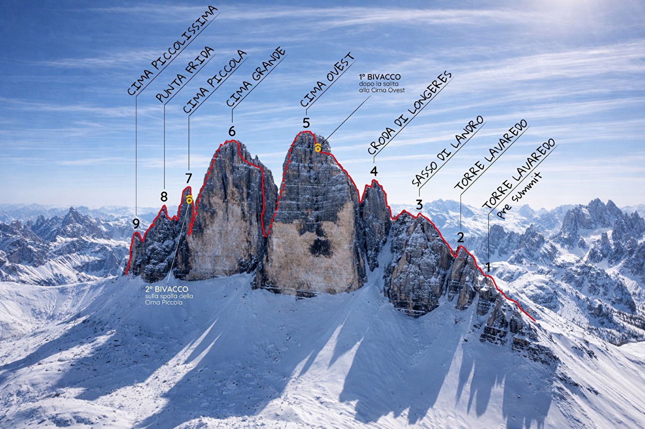 Enchaînement hivernal de Tre Cime Skyline Integral d'Alessandro Baù, Mirco Grasso