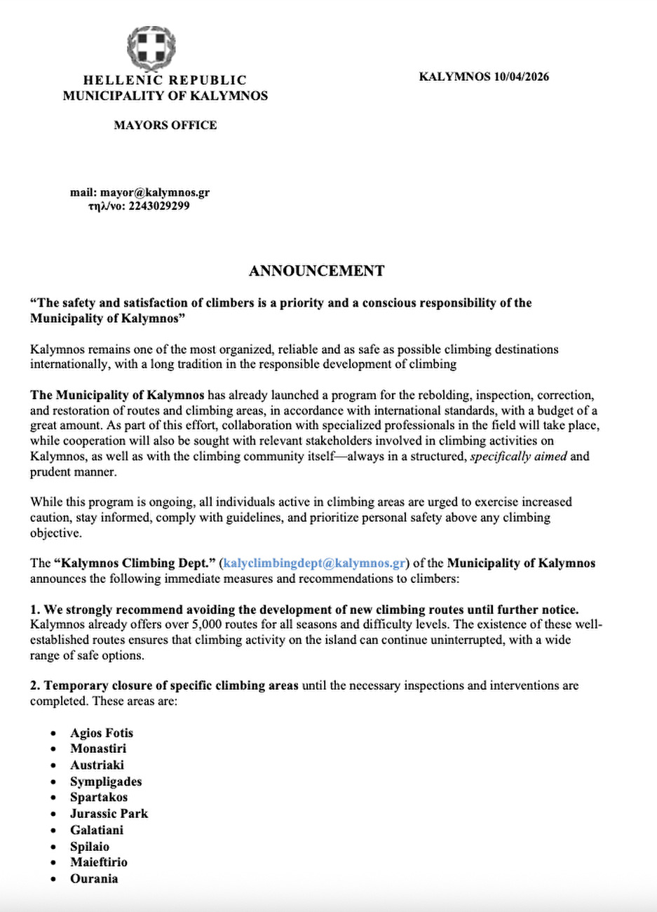 Kalymnos - Ordonnance de Kalymnos du 10/04/2026 concernant la fermeture temporaire de 10 rochers pour maintenance
