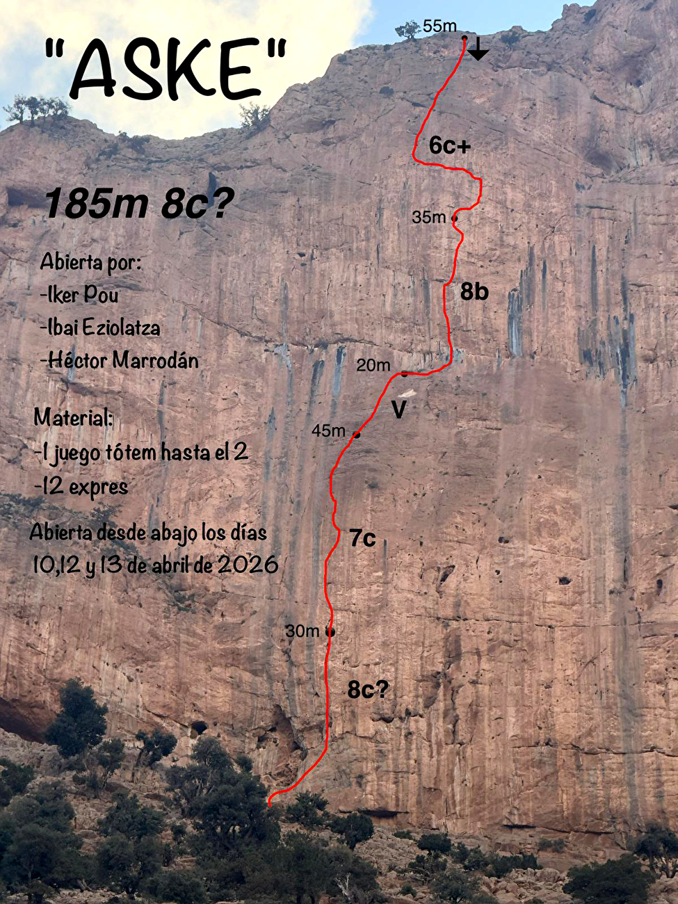 Taghia, Maroc, Ibai Ezio, Héctor Marrodán, Iker Pou - Le topo de 'Aske' (8c?, 185m) sur Paroi de la Cascade à Taghia au Maroc (Ibai Ezio, Héctor Marrodán, Iker Pou 04/2026) Taghia, Maroc, Ibai Ezio, Héctor Marrodán, Iker Pou - Le topo de 'Aske' (8c?, 185m) sur Paroi de la Cascade à Taghia au Maroc (Ibai Ezio, Héctor Marrodán, Iker Pou 04/2026)